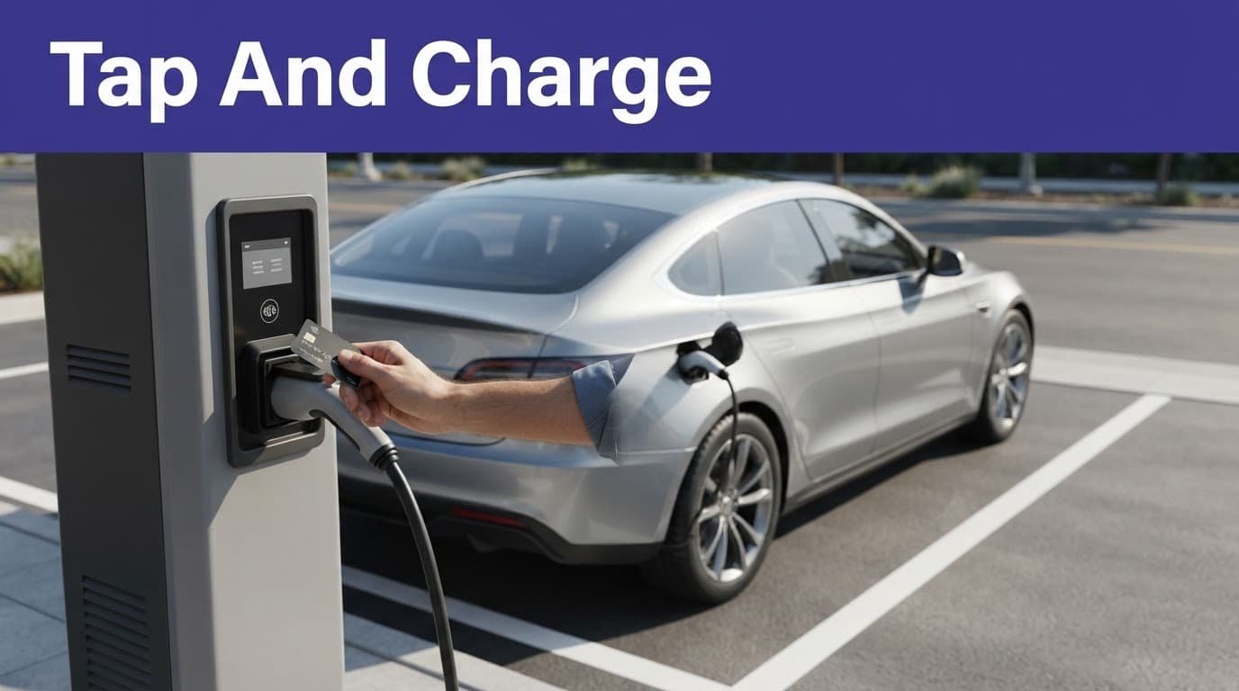 How to Pay at Public EV Chargers Without an App An electric car beside a fast charger as a hand taps a bank card.