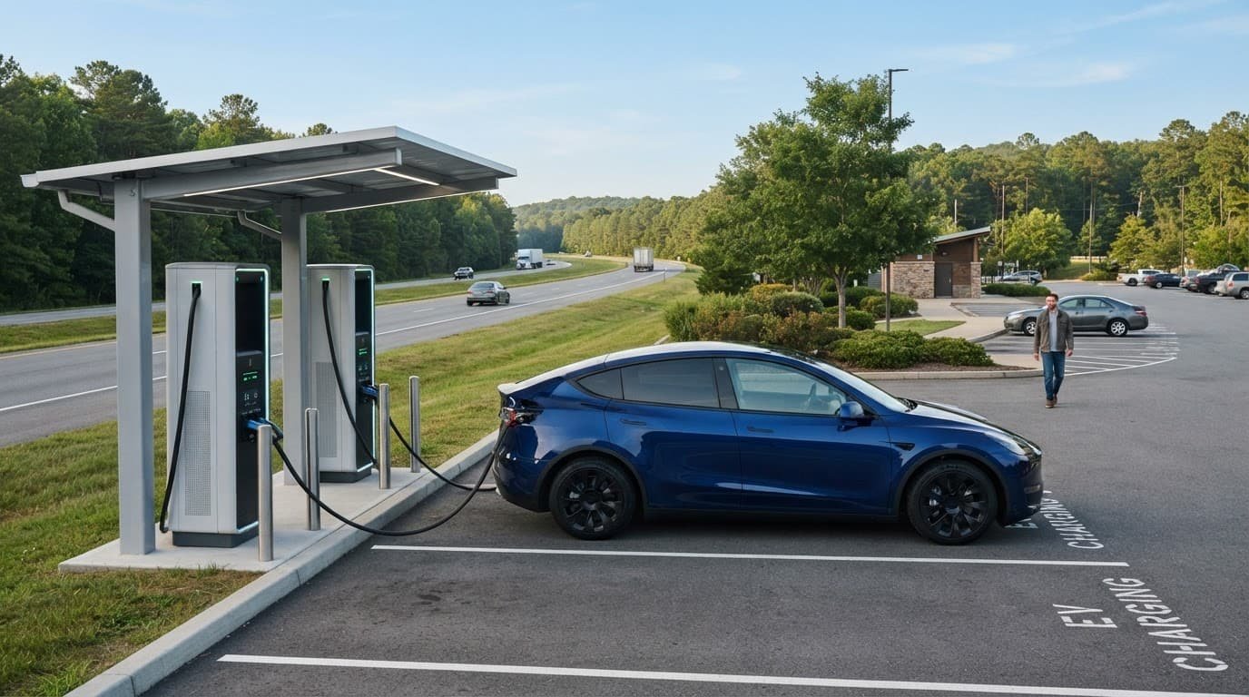 An EV charges at a modern highway rest stop with one person in the background.