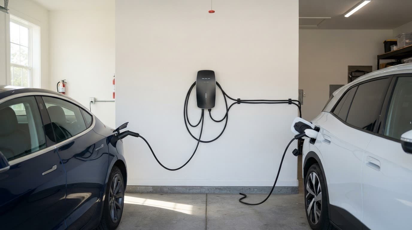 A dual-port EV charger mounted on a garage wall with two cables.