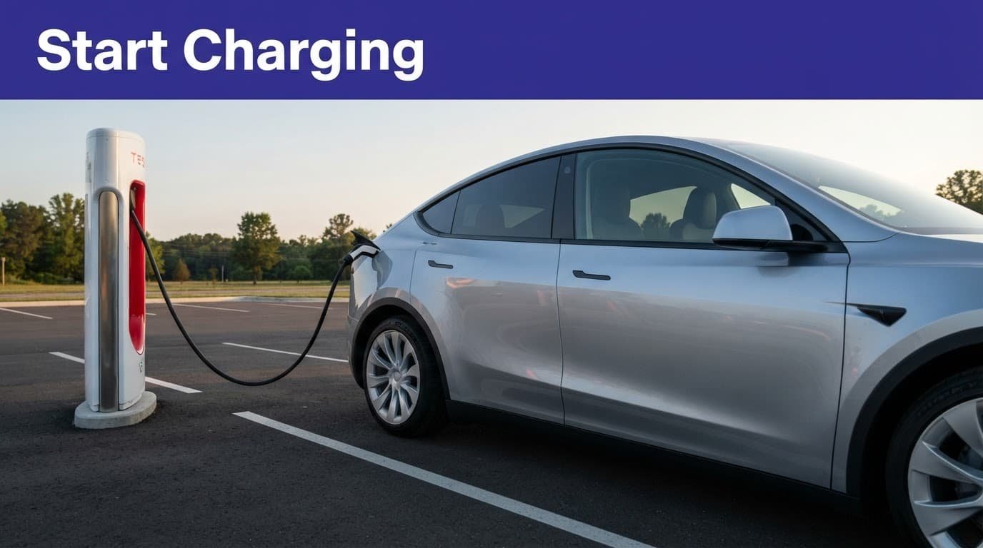 One electric vehicle charges beside a modern station with the cable connected at its rear side.