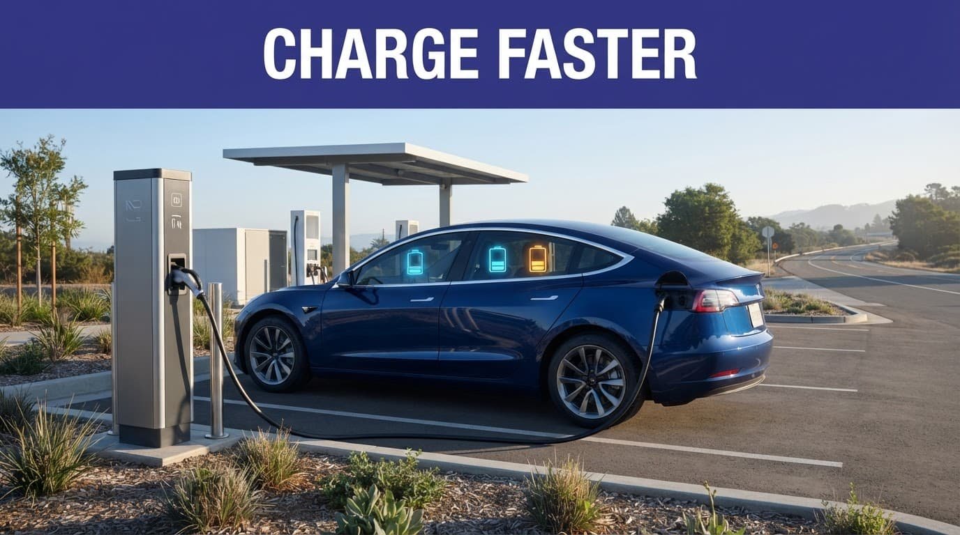 How EV Battery Preconditioning Speeds Fast Charging An electric vehicle charges at a modern station with blue and amber battery lights.