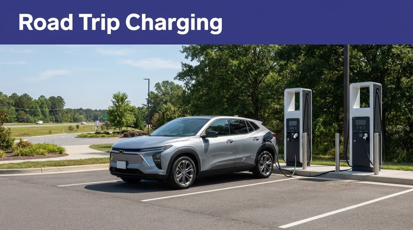 An electric vehicle charging at a highway rest area under an open sky.