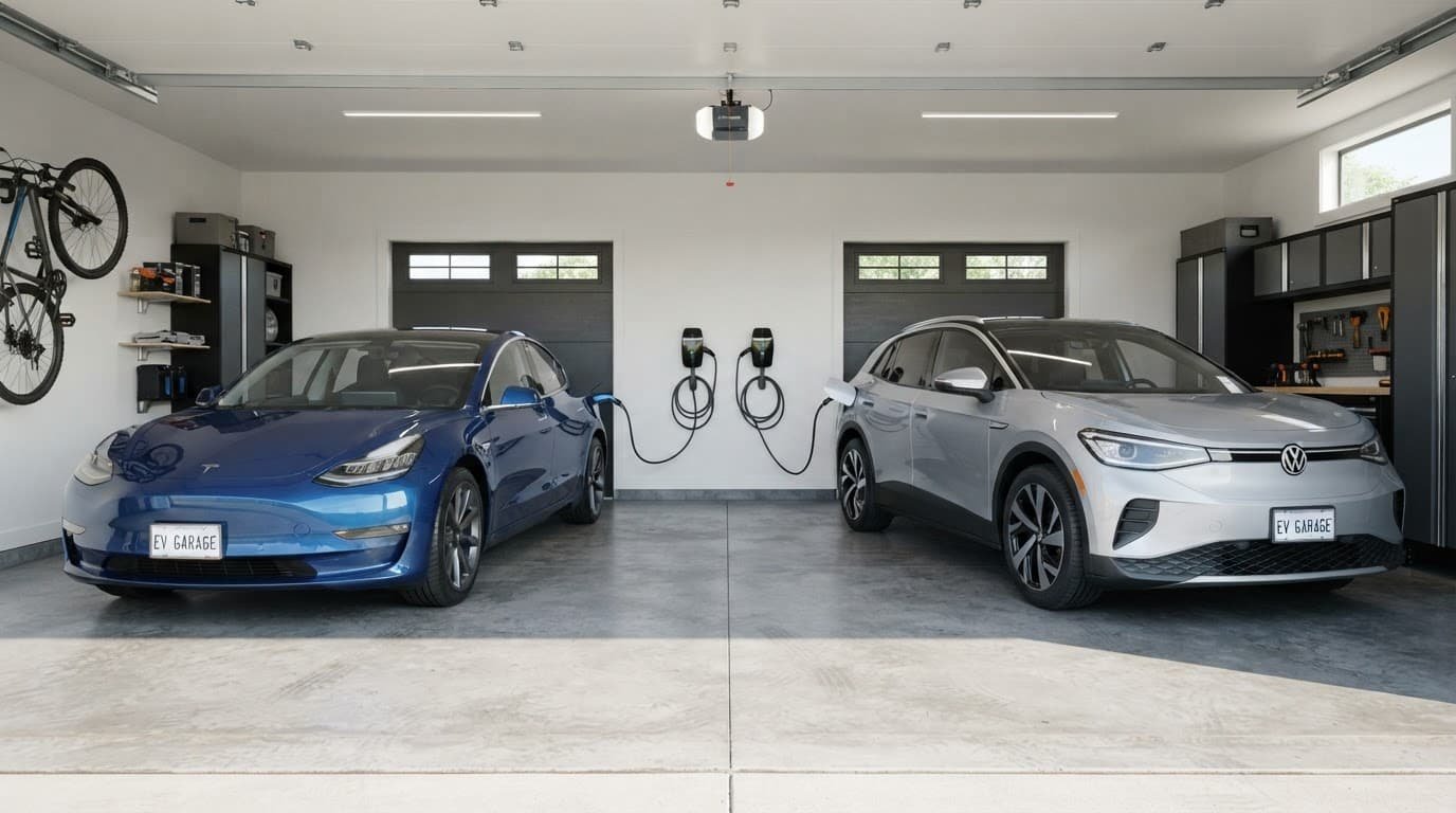 Two modern electric cars parked side by side in a clean garage.