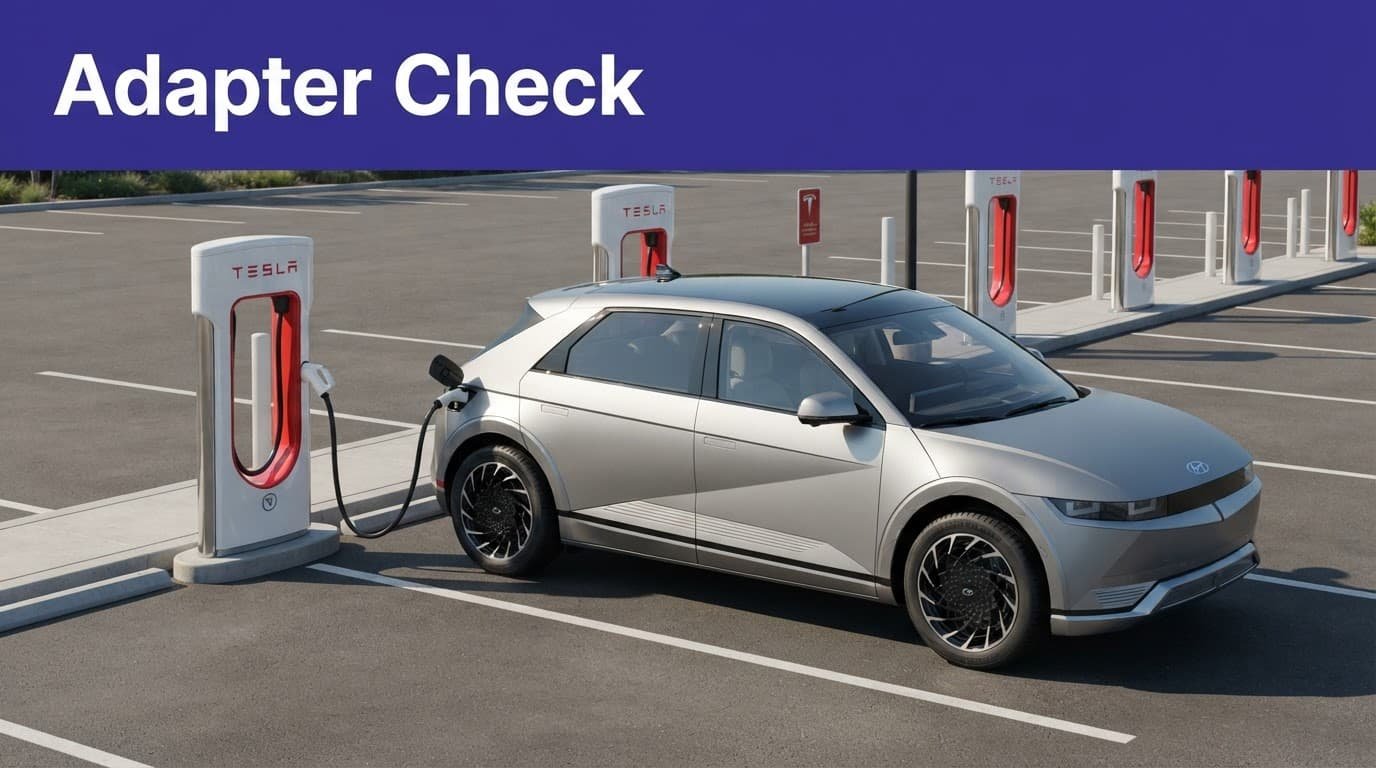 One electric vehicle beside a charger with a CCS1-to-NACS adapter nearby.