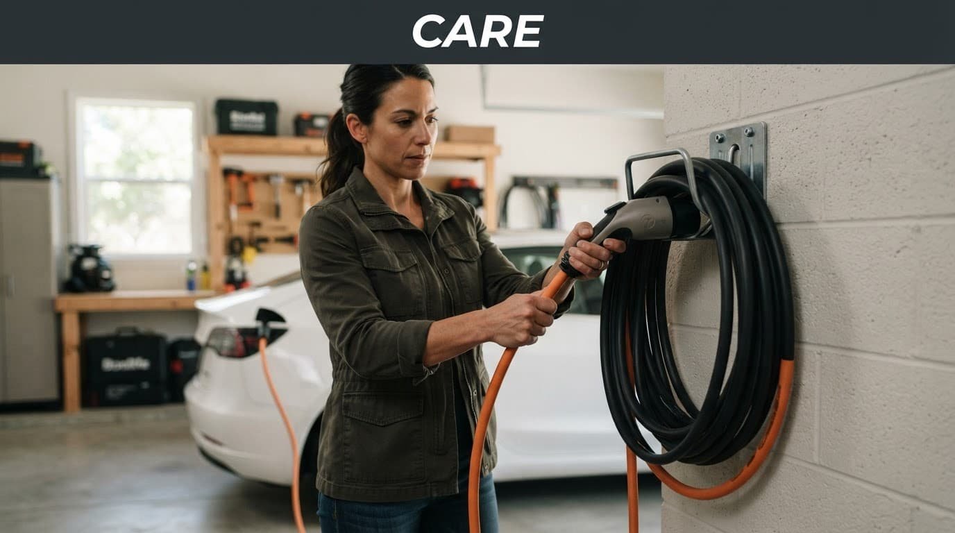 Person cleaning a coiled EV cable on a garage wall hook.