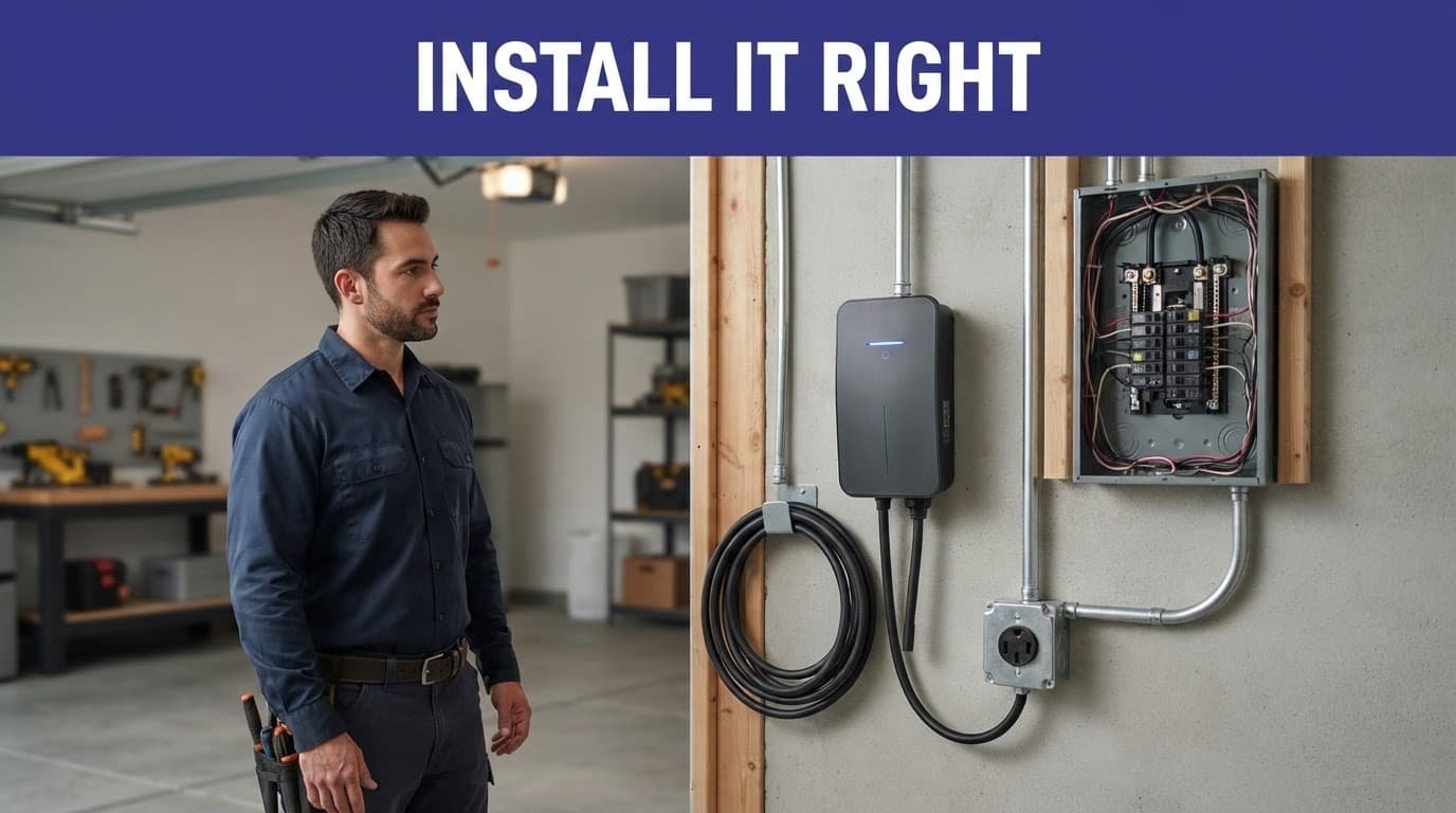 Electrician examines an EV charger, electrical panel, and wall outlet in a residential garage.