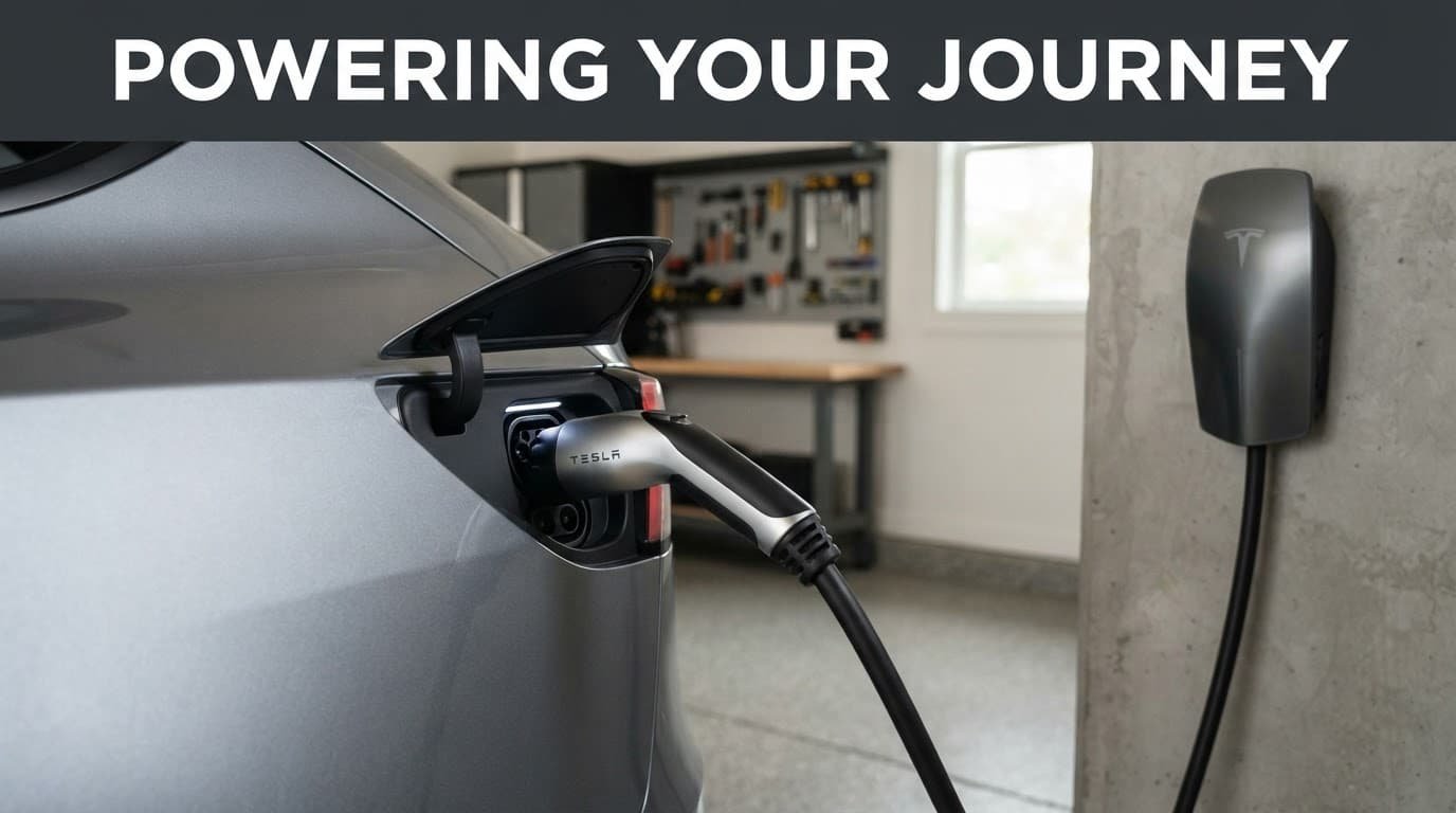 Charging cable plugged into an electric vehicle in a clean garage.