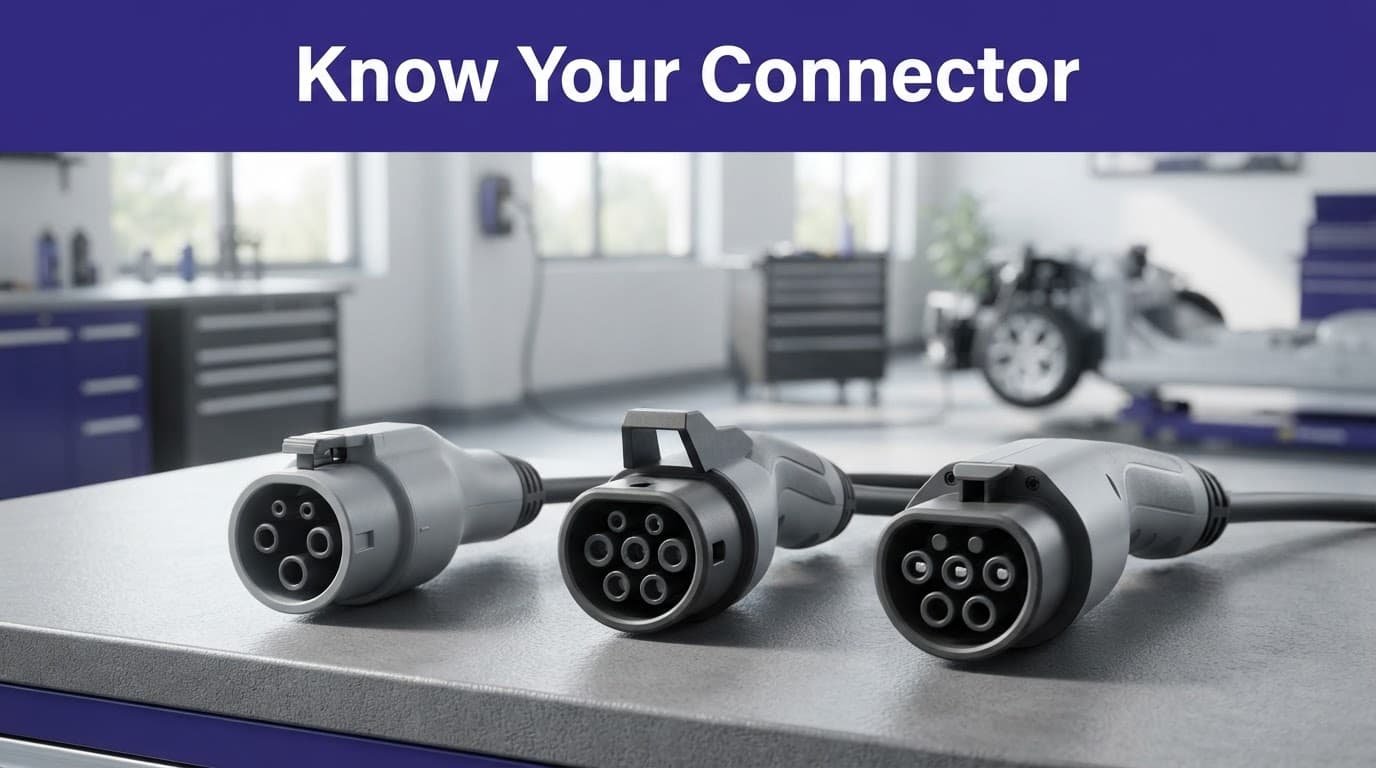 How to Check EV Charger Compatibility Before You Plug In Three EV charging connectors sit side by side beneath an indigo headline band.