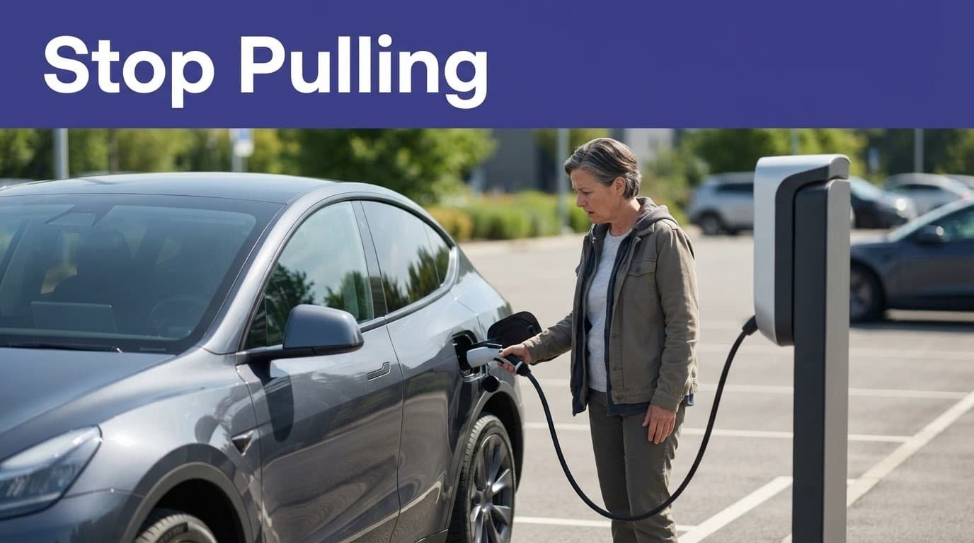 An electric car is plugged in while its owner stands nearby at a charging station.