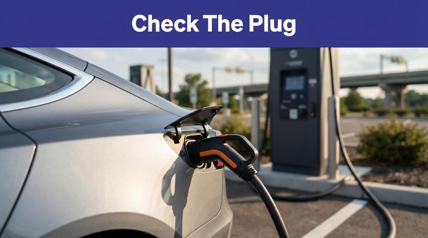 An EV connector plugged into a car's rear charge port at a public fast charger.