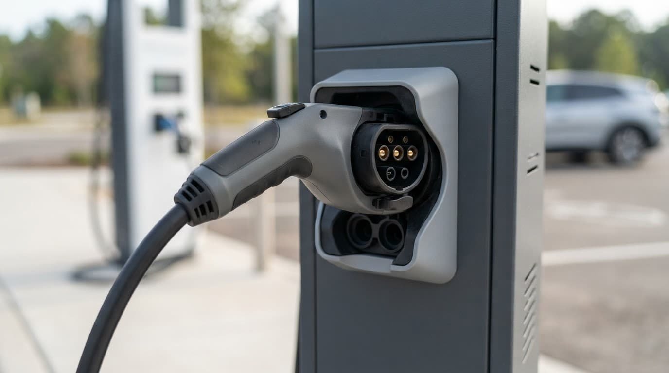 Close-up of an EV fast-charging connector resting on a clean pedestal.
