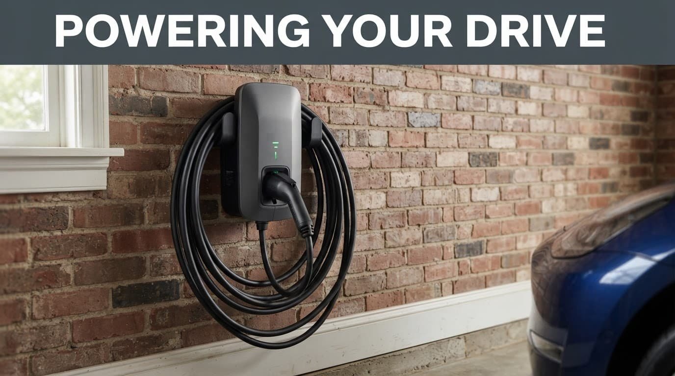 An EV charger mounted on a brick wall with a neatly coiled cable.