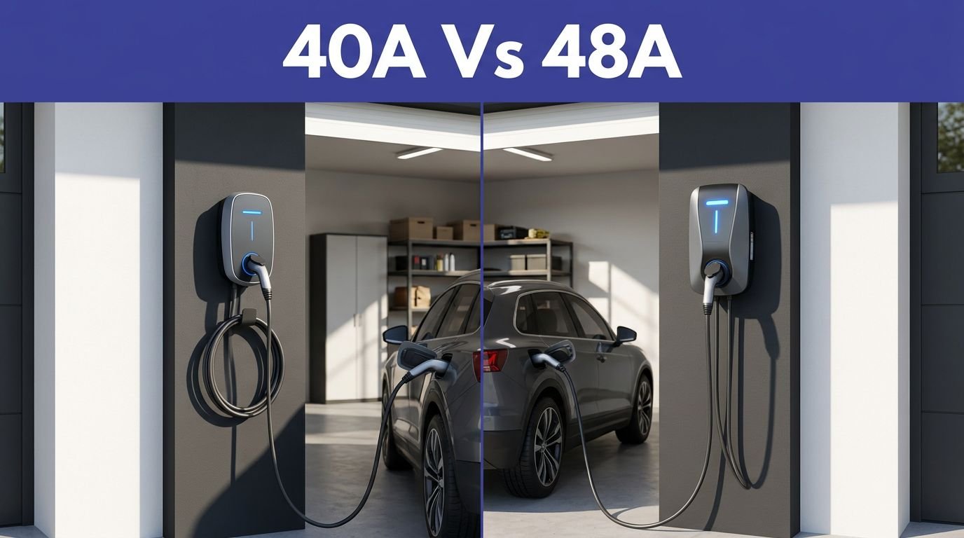 Two blue-lit EV chargers mounted above an electric vehicle in a modern garage.