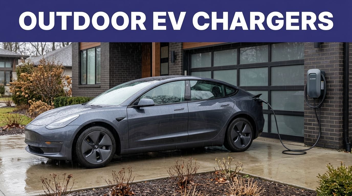 An electric vehicle charges beside a garage in a wet residential driveway.