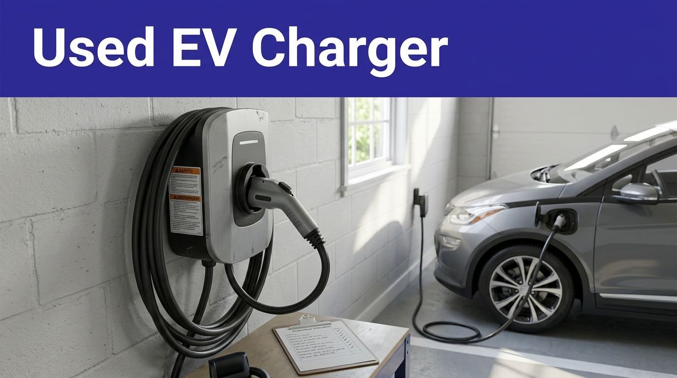 Used Level 2 charger beside an electric car in a clean garage.