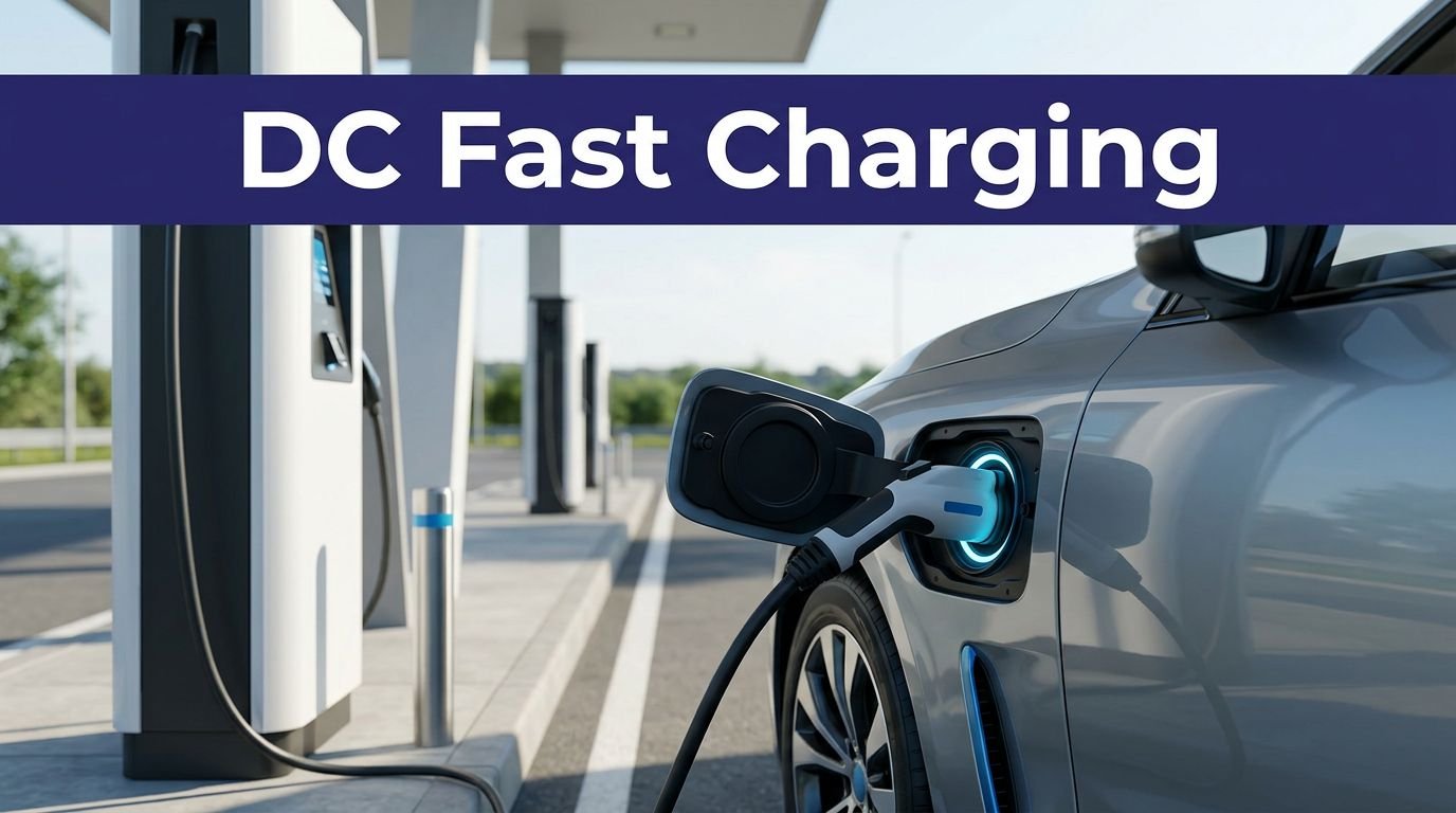 An electric car plugged into a fast charger at a roadside plaza.