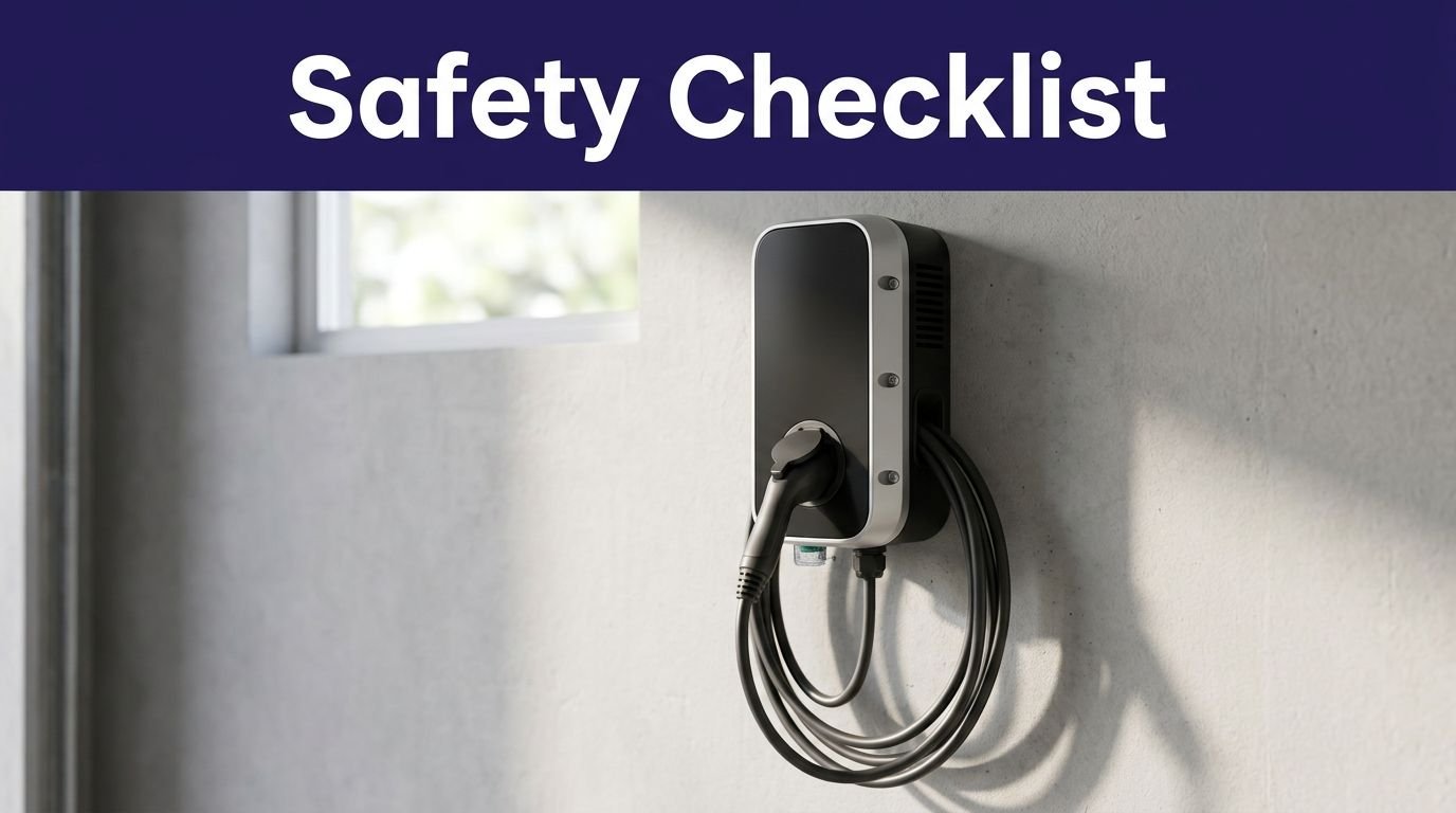 Wall-mounted home EV charger with a coiled cable and visible safety details.