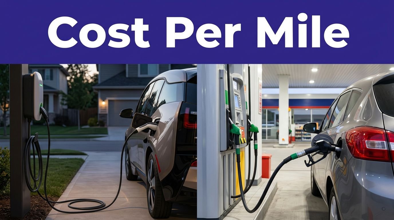 Electric car charging beside a gasoline car refueling at a station.