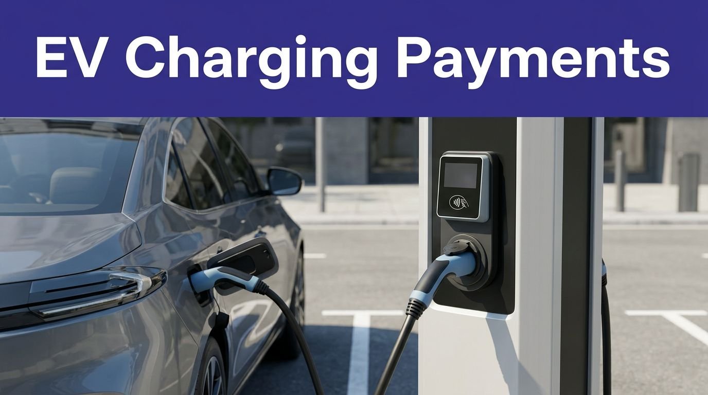 Electric vehicle plugged into a public fast charger beside a payment terminal.