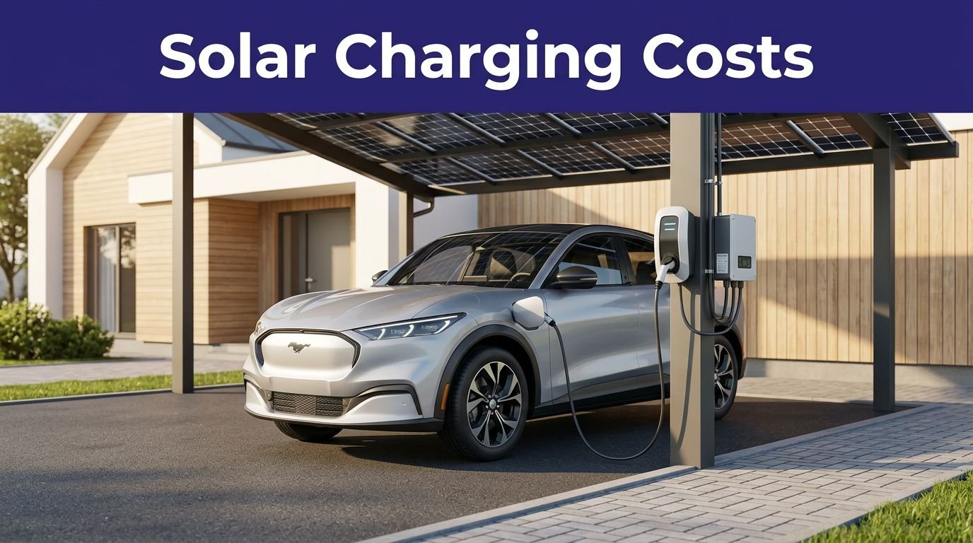 An electric vehicle charging beneath a solar-panel carport beside a suburban home.