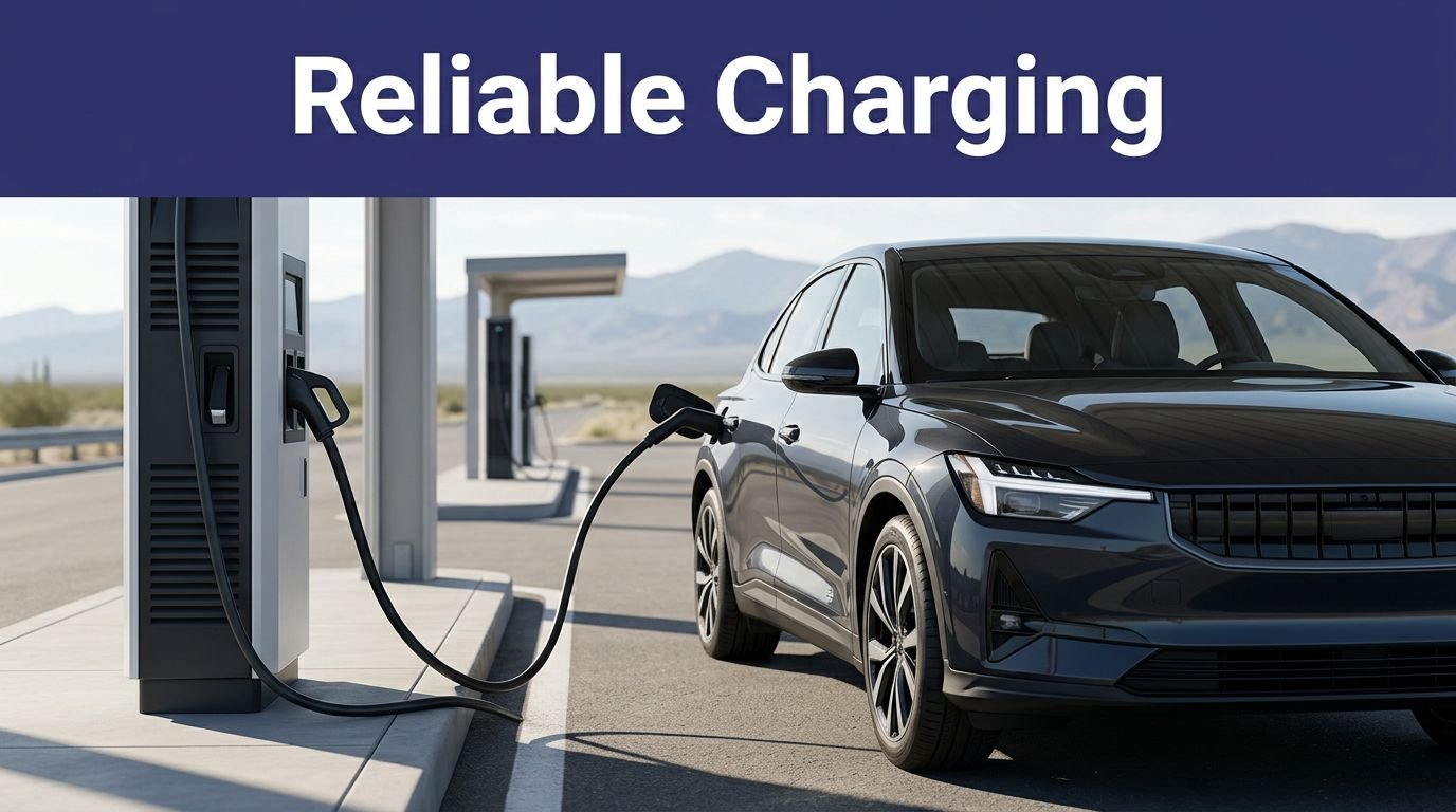 An electric vehicle charges at a highway rest stop with mountains behind it.