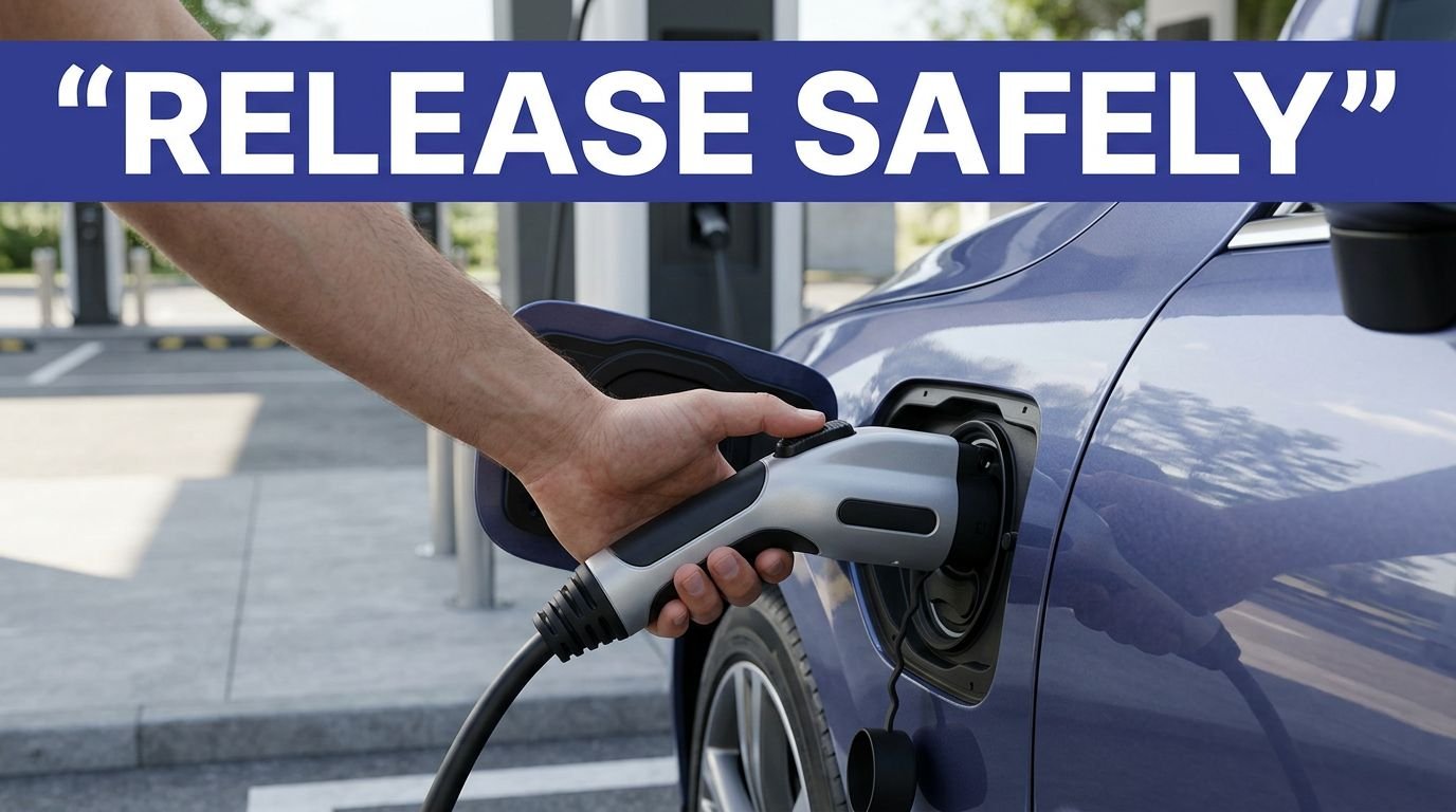 A hand presses the release button on an EV charging cable at a parked electric vehicle.