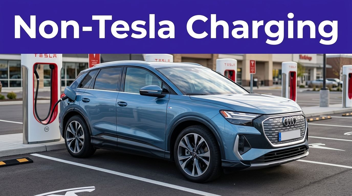 An electric crossover uses an adapter at a Tesla Supercharger beneath a blue headline banner.