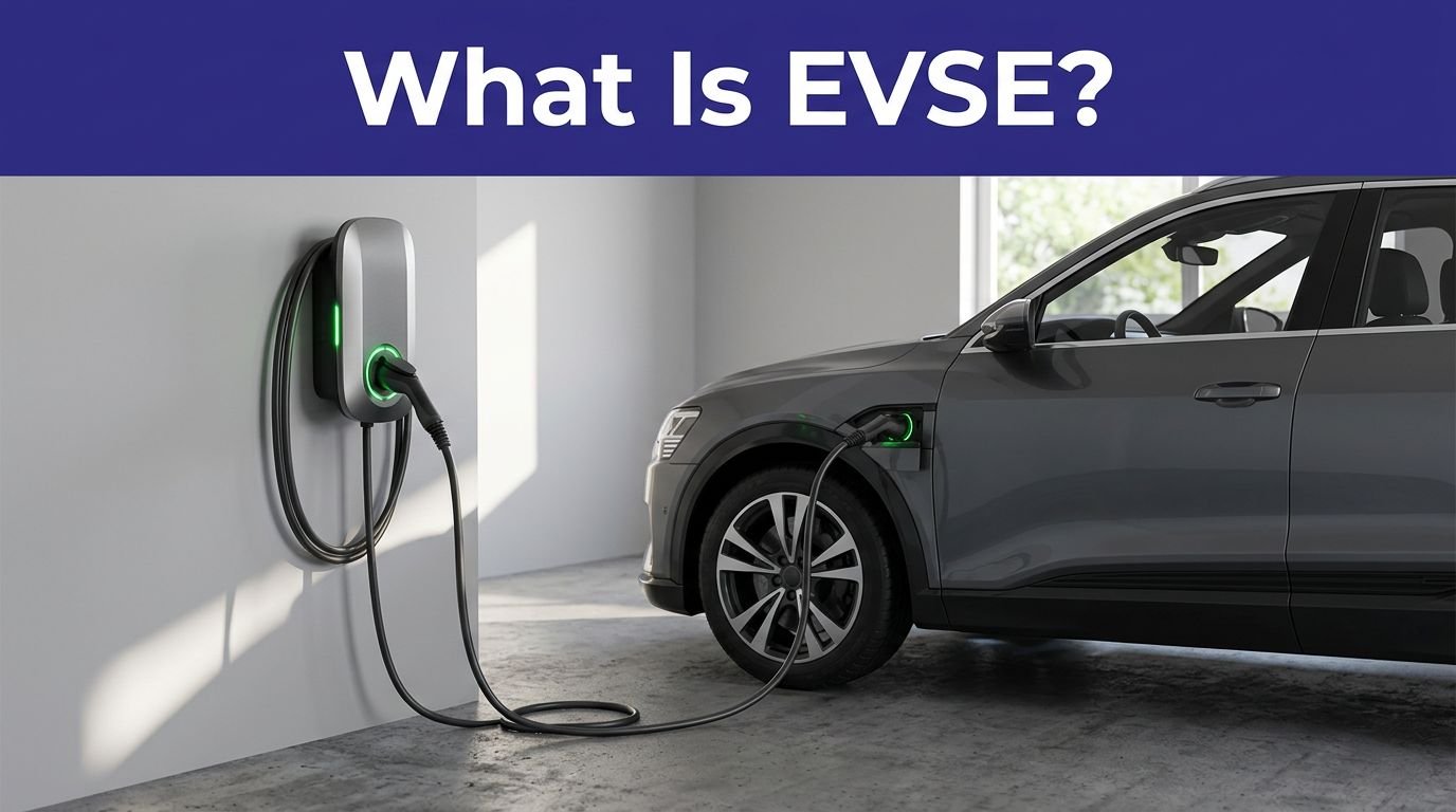 An electric vehicle connected to a wall-mounted EV charger in a clean garage.