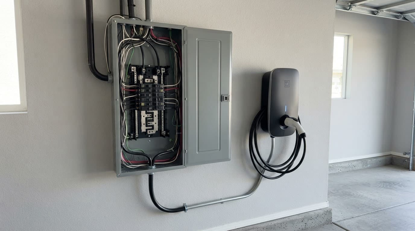 A breaker panel and smart EV charger mounted on a finished garage wall.