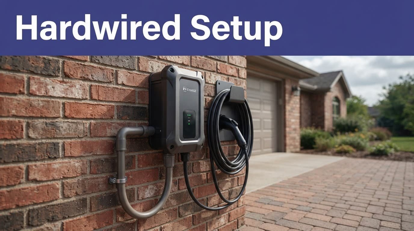 A hardwired Level 2 EV charger mounted on a brick driveway wall beneath an indigo banner.