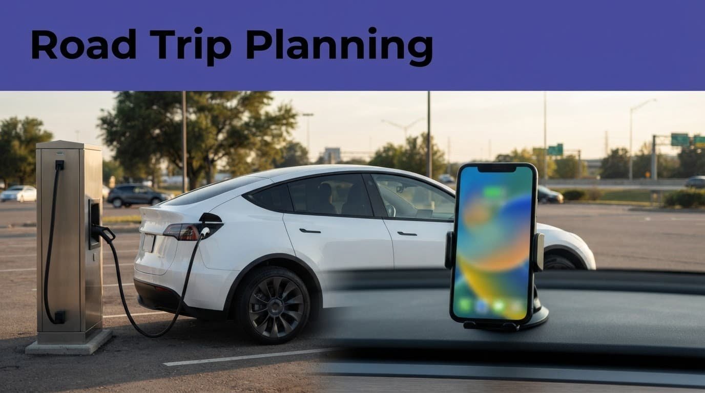 An electric vehicle charges beside a highway station with a smartphone on the dashboard.