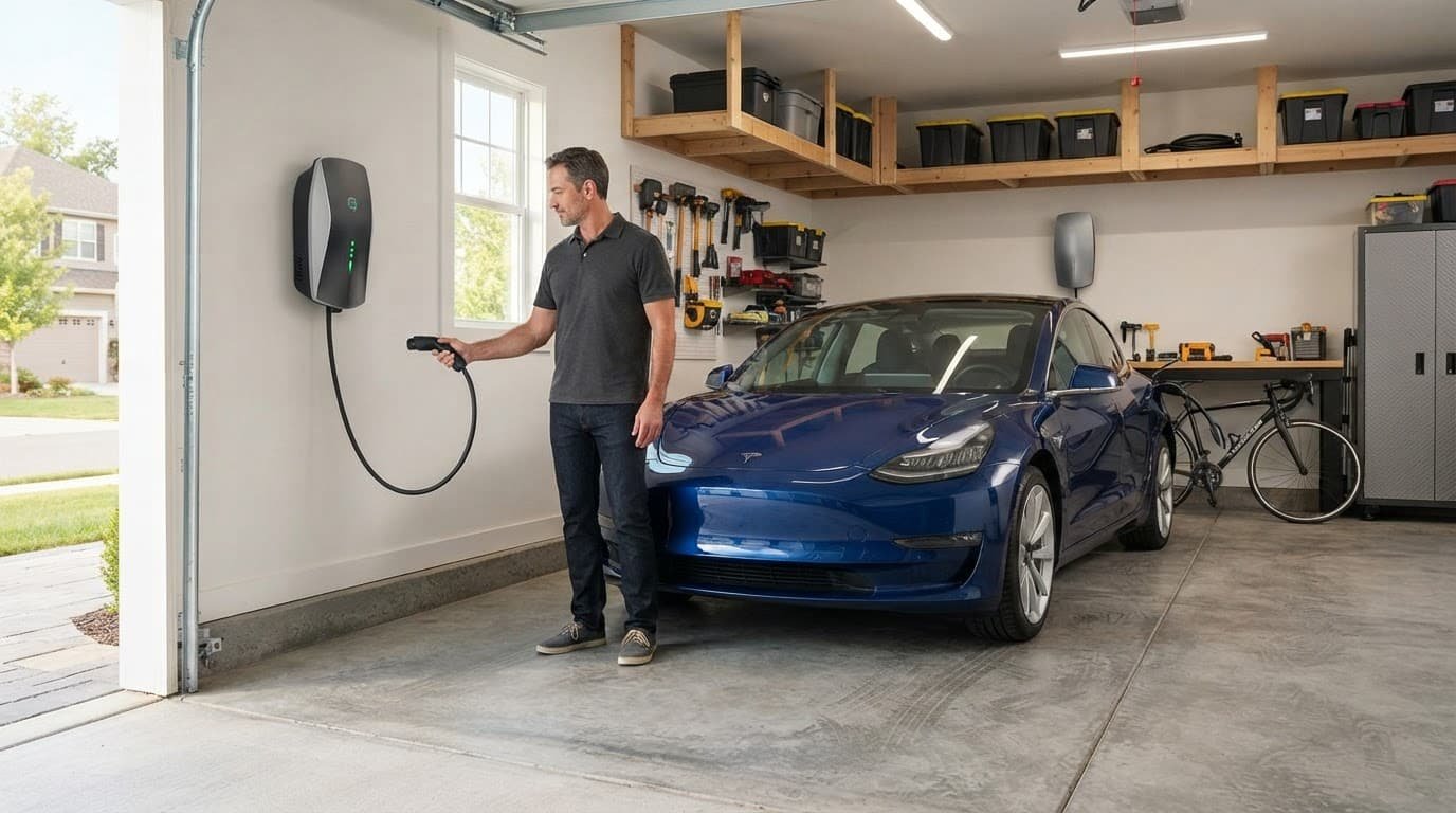 An electric vehicle plugged into a wall-mounted charger in a clean garage with one person nearby.