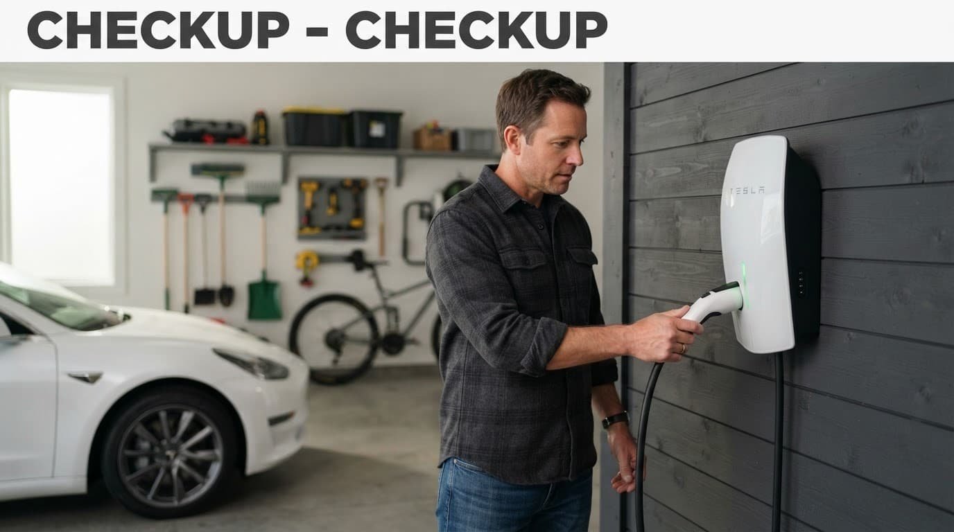 A homeowner checks a wall-mounted EV charger in a clean modern garage.