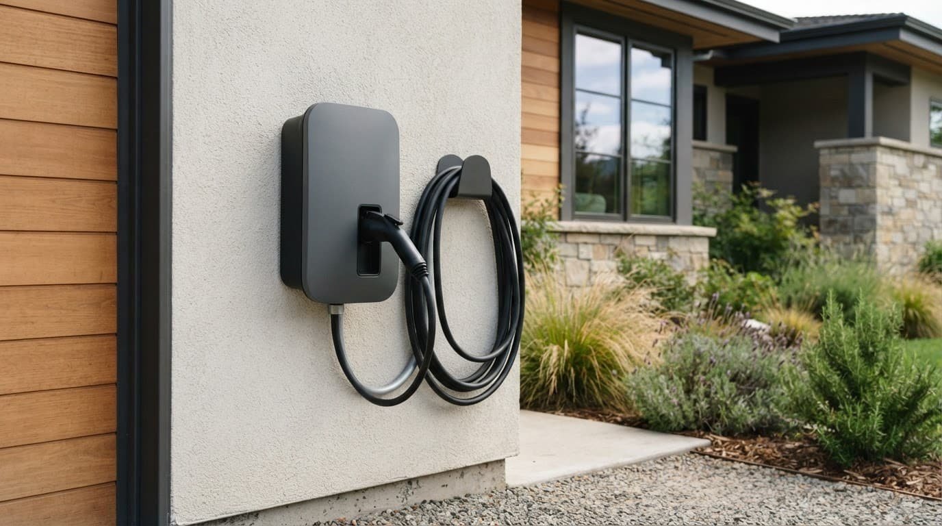 An EV charger mounted on the exterior wall of a modern home.