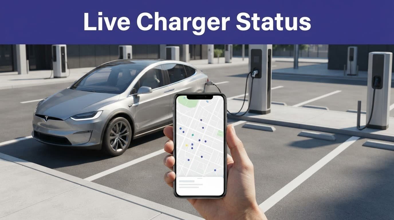 A smartphone with a charging map beside one electric vehicle.