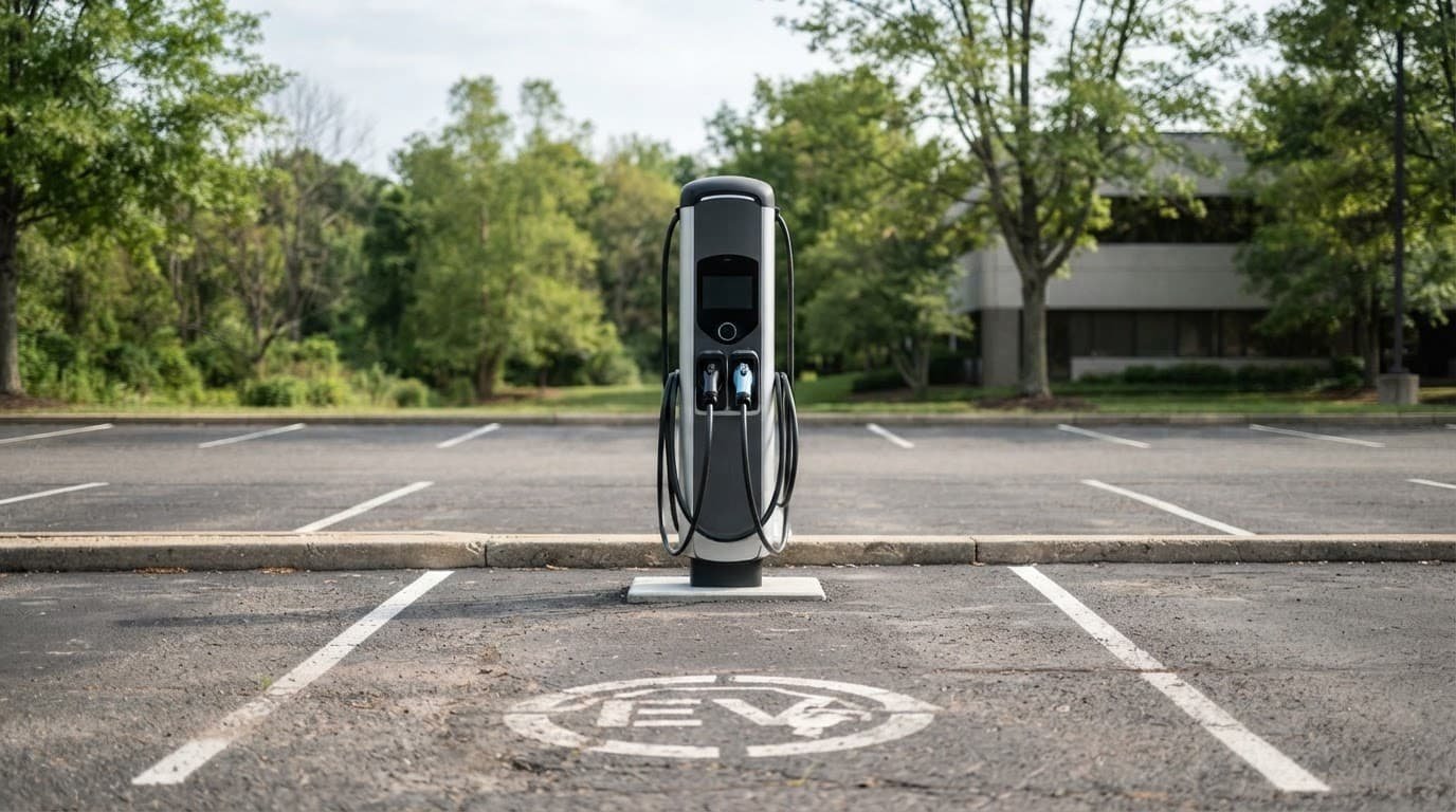 A single EV charging station in an outdoor parking lot.