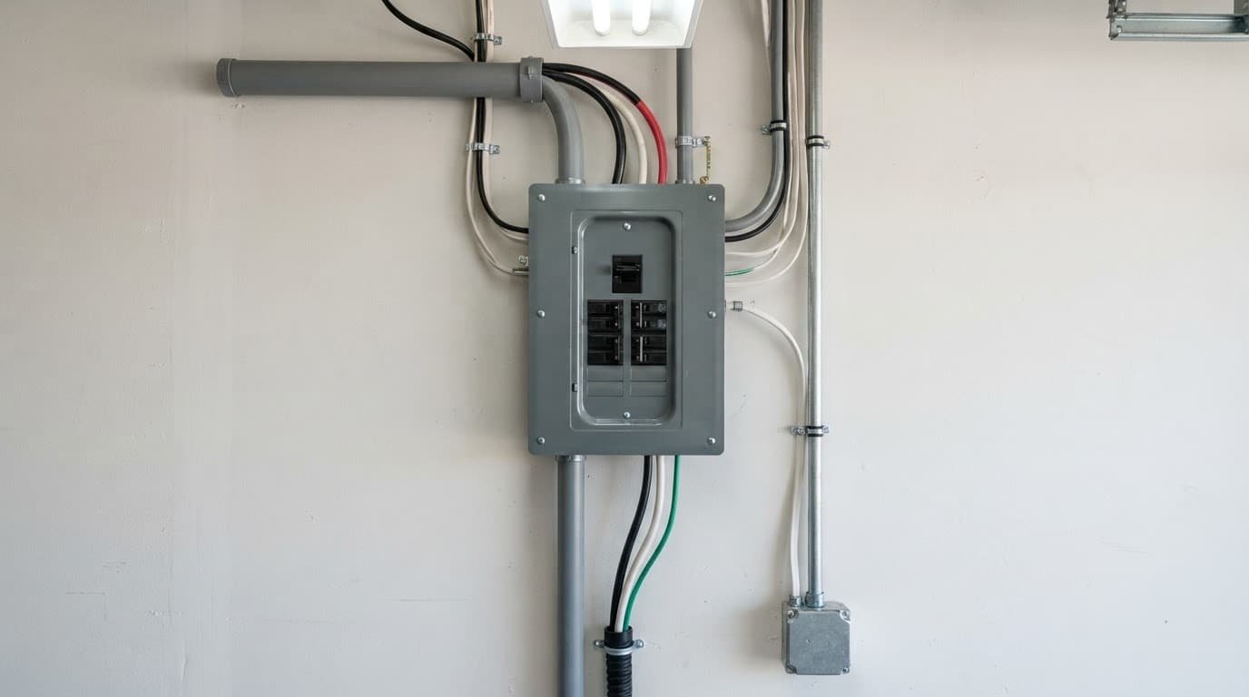 Circuit breaker panel with conduits and wires mounted on a drywall wall.