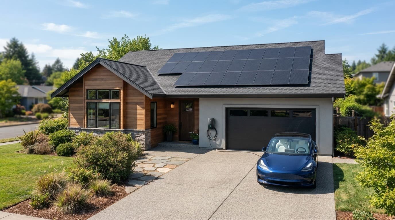 Modern home with rooftop solar panels and an exterior electric vehicle charger.