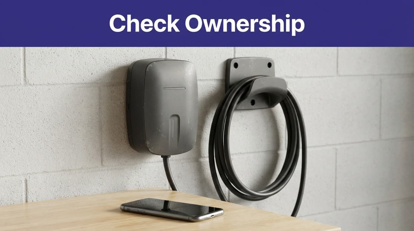 A smartphone beside a used smart EV charger on a garage workbench.