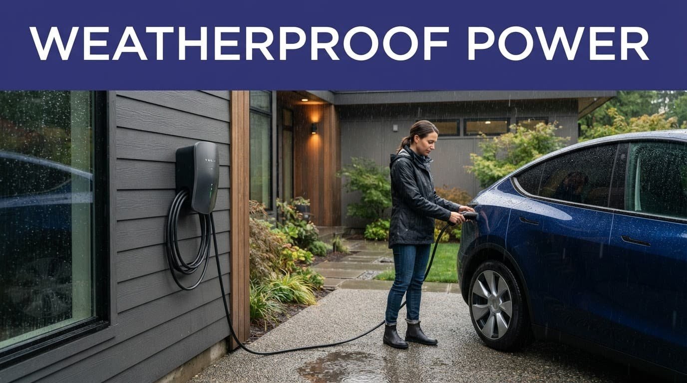 An outdoor EV charger mounted on a modern home wall in the rain.