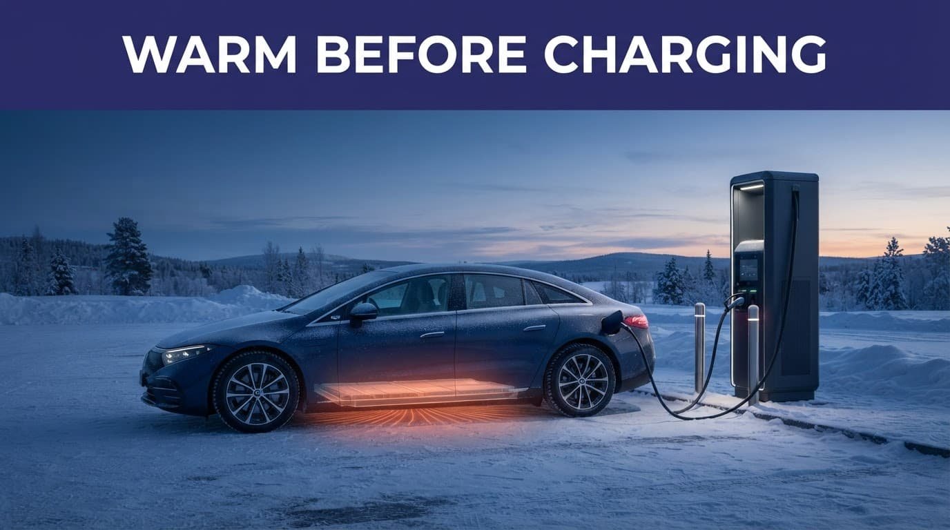 How EV Battery Preconditioning Speeds Fast Charging An electric vehicle charges beside a snowy station with warmth shown around its battery.