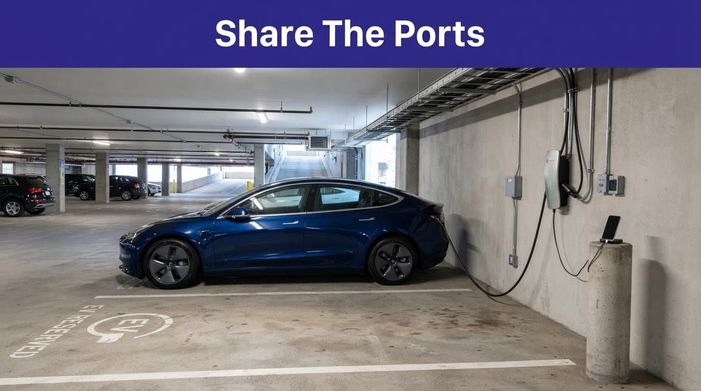 One electric vehicle charging in an office garage beside a phone on a concrete bollard.